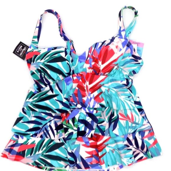 Swim Solutions Tankini Top Size 8 Palm Print 3-Tier Blue Green Multi - Picture 1 of 2
